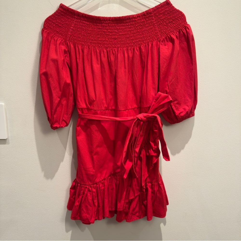 Tularosa Maida Ruffle Dress Color Red Poppy Off-Shoulder with Belt Tie Size XS - Picture 2 of 5